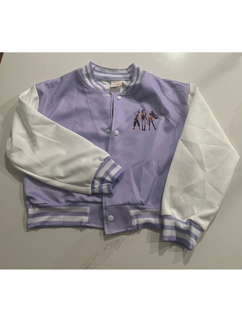 KPop Demon Hunters Girls Varsity Jacket Purple White Snap Front Size 7-8 US